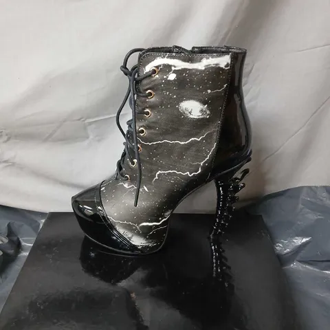 KOI WOMEN'S HIGH HEEL SHORT BOOTS – BLACK PATENT WITH SPLATTER PATTERN (UK4 / EU37)