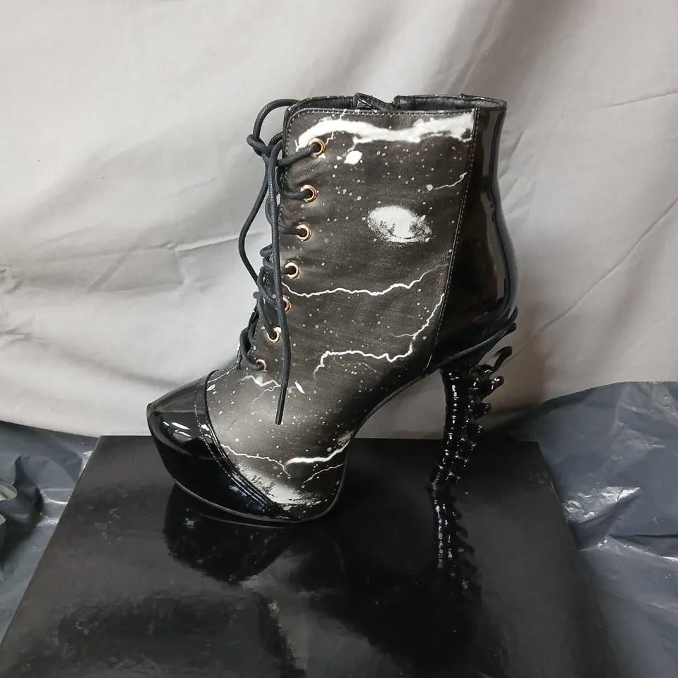 KOI WOMEN'S HIGH HEEL SHORT BOOTS – BLACK PATENT WITH SPLATTER PATTERN (UK4 / EU37)