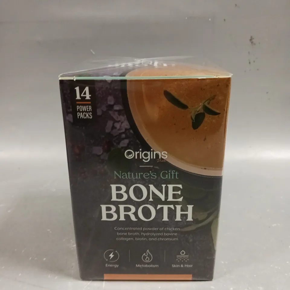 BOXED SEALED ORIGINS BONE BROTH CONCENTRATED POWDER - 14 PACKS PER BOX