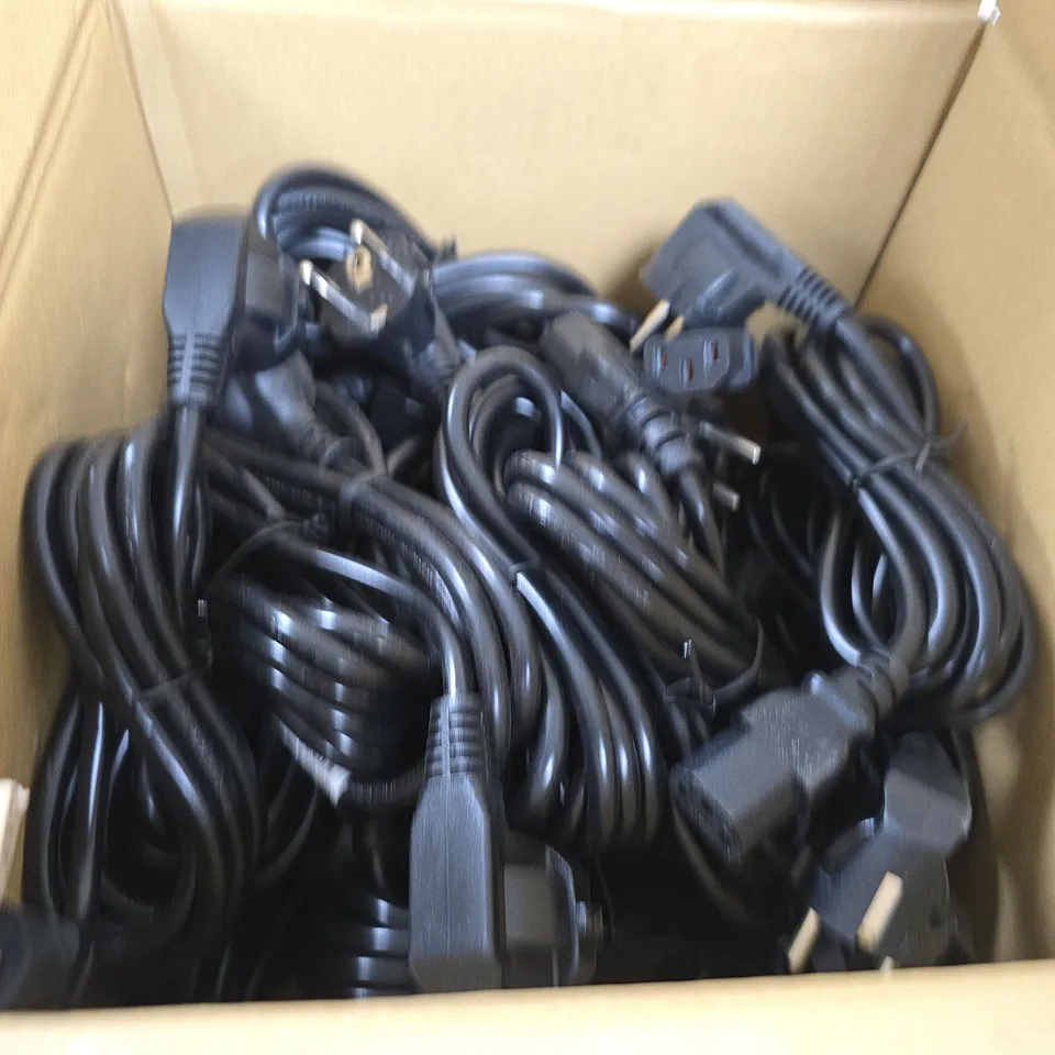 BOX OF ASSORTED POWER CABLES AND LEADS
