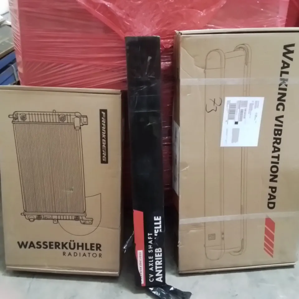 PALLET OF ASSORTED HOUSEHOLD GOODS AND PRODUCTS TO INCLUDE;RADIATOR,AXLE SHATTERED,WALKING PAD