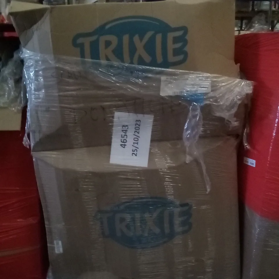 PALLET OF 2 BOXES CONTAINING ASSORTED TRIXIE PET SUPPLIES INCLUDING DOG CONE, PET BEDS, GRASS HOUSE, BAR FOR DOGS, STRATEGY GAME 
