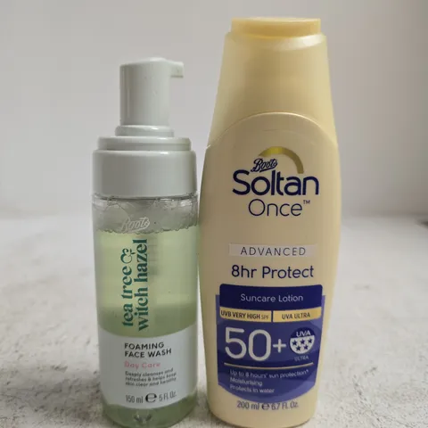 BOOTS SOLTAN ONCE ADVANCED SUNCARE LOTION SPF50+ (200ML) + BOOTS TEA TREE & WITCH HAZEL FOAMING FACE WASH (150ML)