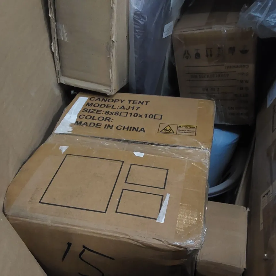 PALLET OF ASSORTED CONSUMER PRODUCTS TO INCLUDE: AIR COOLER, PLAYPEN, ROUND METAL BALLOON ARCH KITS, CANOPY TENT, TOILET SEAT ECT