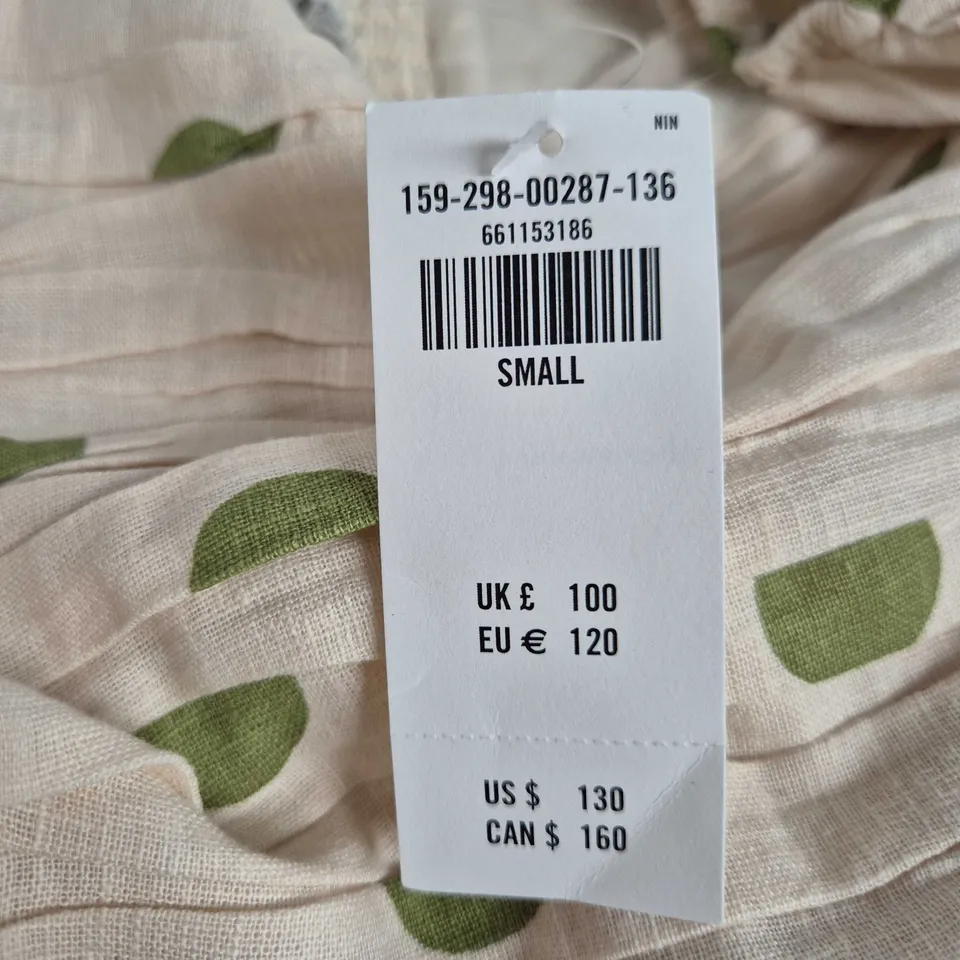 ABERCROMBIE & FITCH WOMEN'S POLKA DOT DRESS – BEIGE WITH GREEN DOTS, RUCHED BODICE, PUFF SLEEVES (SIZE SMALL)