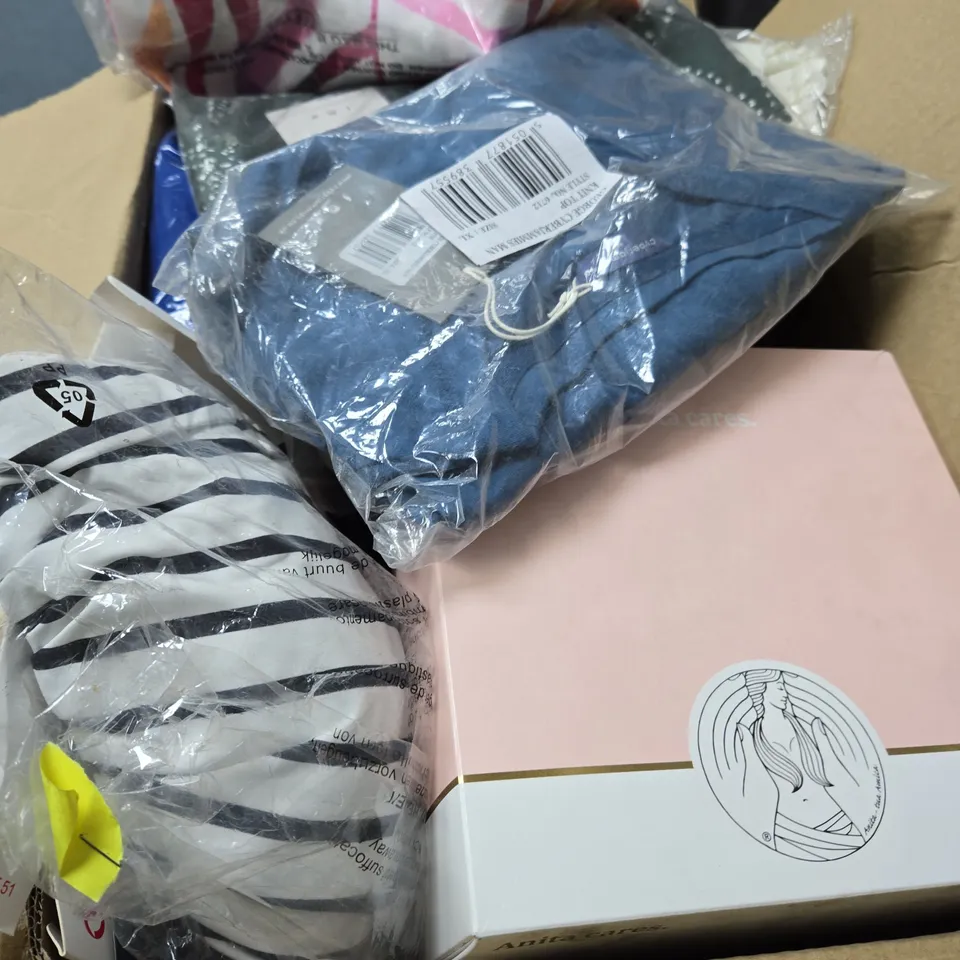BOX OF APPROXIMATELY 25 ASSORTED CLOTHING ITEMS INCLUDING MARIE JO BRIEFS , PRIMA DONNA TWIST BRIEFS , CYBERJAMMIES KNIT TOP AND CYBERJAMMIES LEAF PRINT TOP