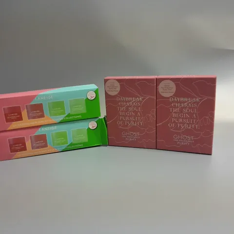 4 ASSORTED BEAUTY PRODUCTS TO INCLUDE LANEIGE LIP SLEEPING MASK MINI KIT AND GHOST THE FRAGRANCE PURITY GIFT SET