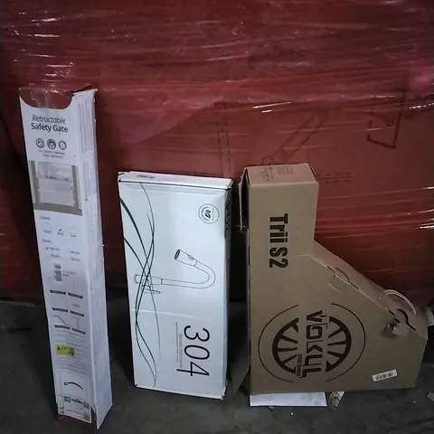 PALLET OF HOUSEHOLD ITEMS TO INCLUDE STUNT SCOOTER, RETRACTABLE SAFETY GATE, FAUCET AND OTHER ASSORTED ITEMS...