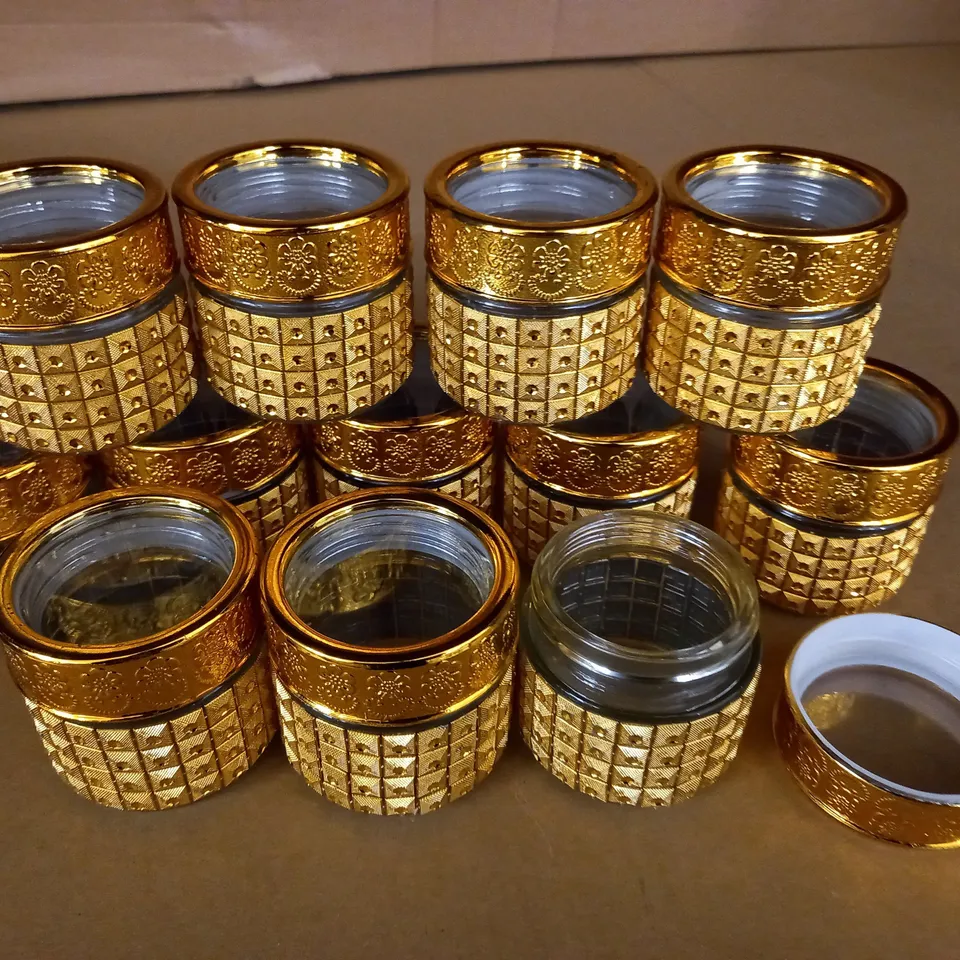 LOT OF 12 GLASS GOLD LOOK EMBELLISHED SCREW TOP JARS