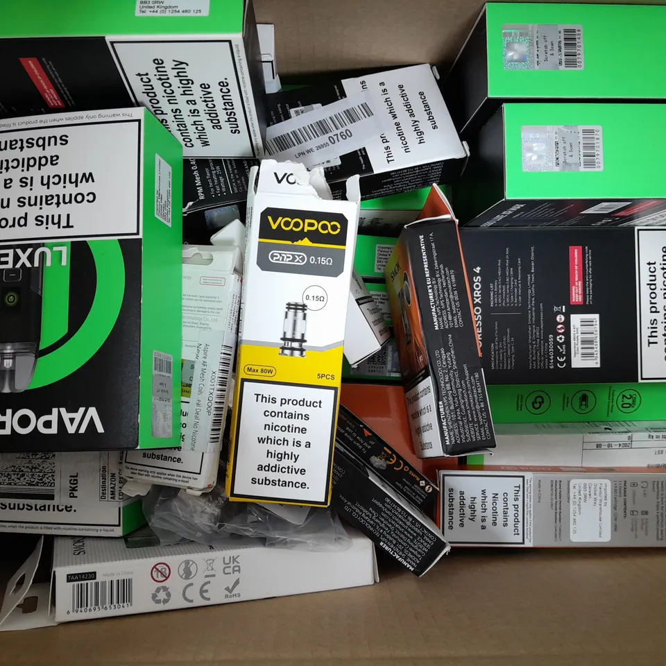 BOX OF APPROXIMATELY 20 ASSORTED E-CIGARETTE/VAPING PRODUCTS - MAKES, MODELS, COLOURS, AND STYLES VARY - COLLECTION ONLY