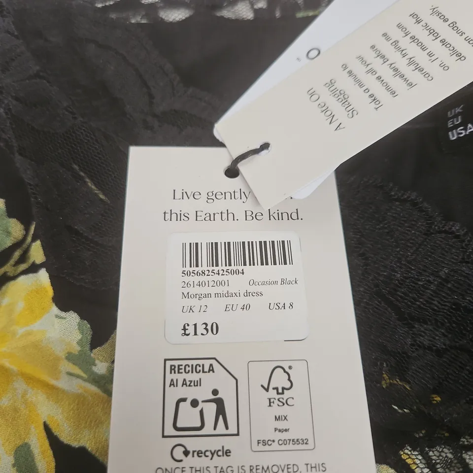 NOBODY'S CHILD MORGAN MIDAXI DRESS – BLACK WITH YELLOW FLORAL PRINT, UK 12 (EU 40, USA 8) – MADE IN VIETNAM