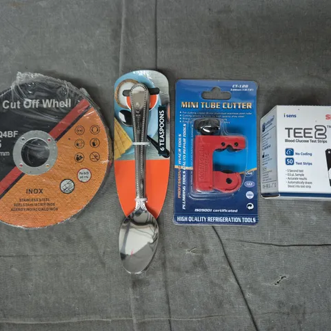 APPROXIMATELY 10 ASSORTED HOUSEHOLD ITEMS TO INCLUDE MINI TUBE CUTTER, BLOOD GLUCOSE TEST STRIPS, ETC