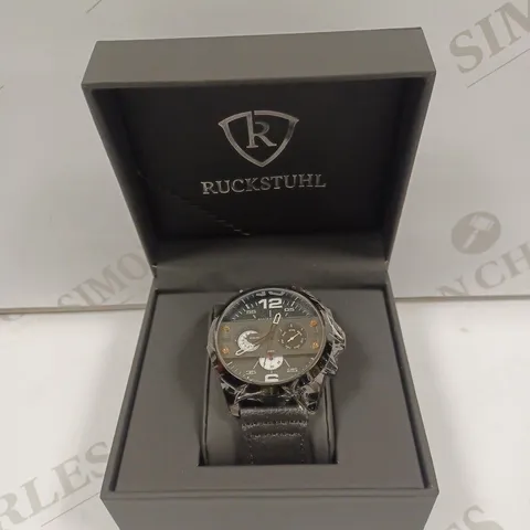 MEN’S RUCKSTUHL COCKPIT R150 WATCH – MULTI FUNCTION SUB DIALS – BLACK CASE – 3ATM WATER RESISTANT – GENUINE LEATHER STRAP