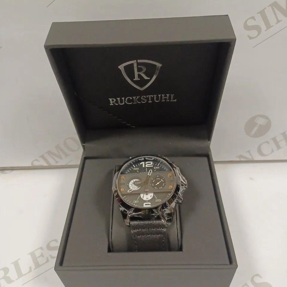 MEN’S RUCKSTUHL COCKPIT R150 WATCH – MULTI FUNCTION SUB DIALS – BLACK CASE – 3ATM WATER RESISTANT – GENUINE LEATHER STRAP