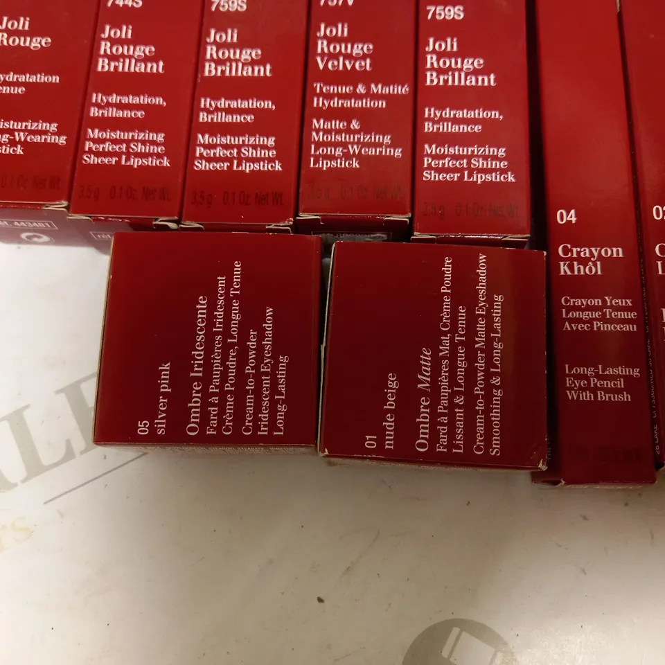 LOT OF APPROX 7 TO INCLUDE CLARINS IRIDESCENT EYESHADOW , CLARINS MOISTURIZING PERFECT SHINE SHEER LIPSTICK , ETC