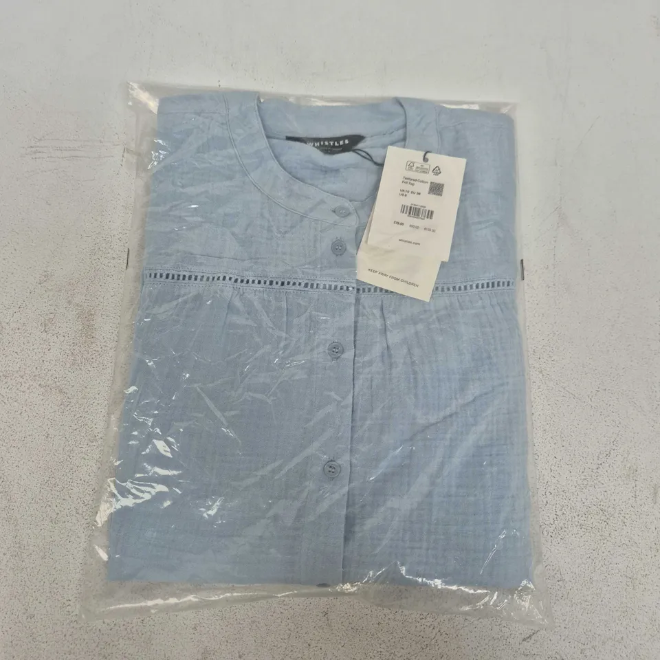 BAGGED WHISTLES TEXTURED COTTON FRILL TOP IN BLUE - UK 10