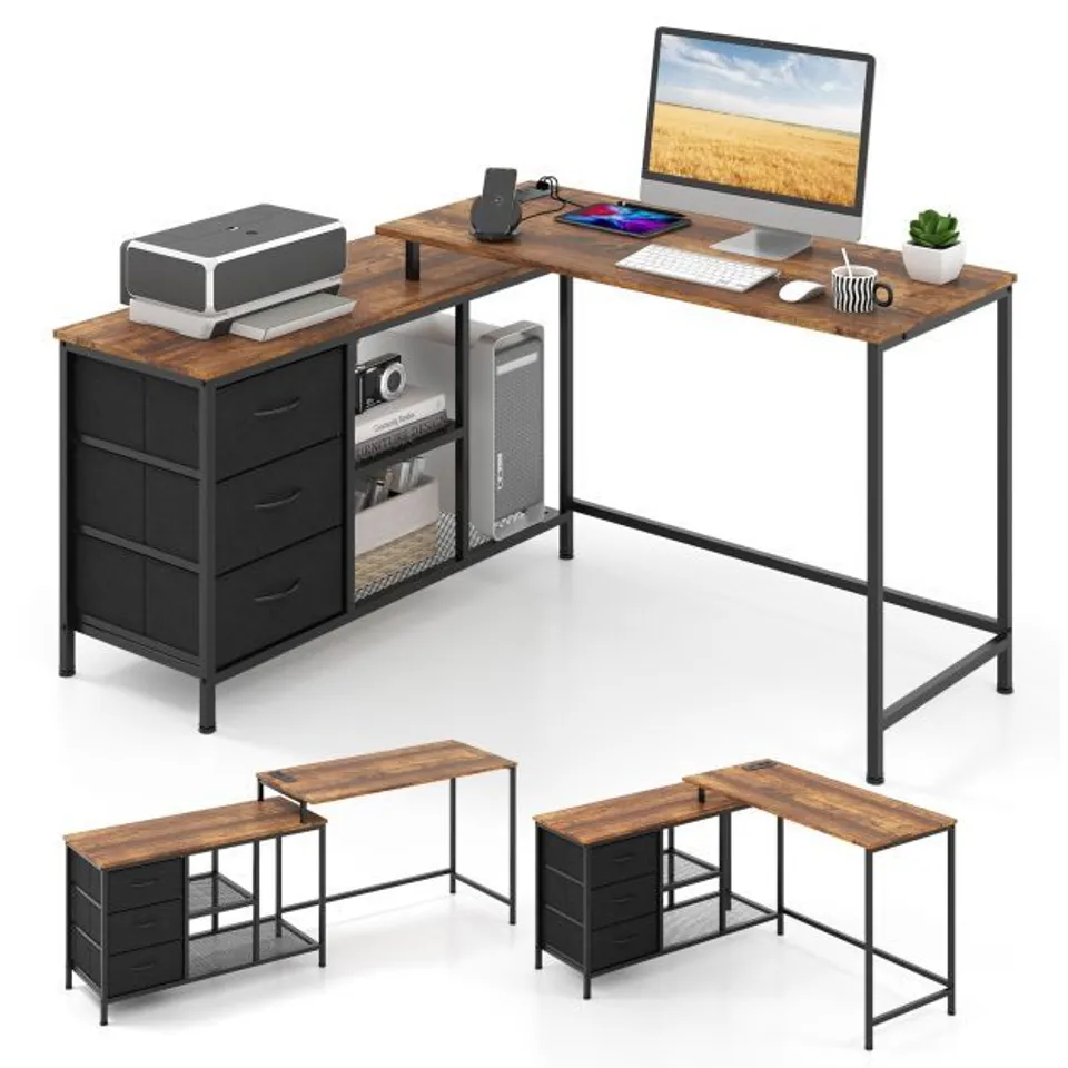 BOXED COSTWAY L-SHAPED COMPUTER DESK WITH DRAWERS SHELVES AND CHARGING STATION - WHITE