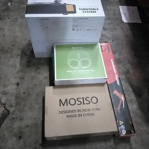 PALLET OF HOUSEHOLD ITEMS TO INCLUDE TURNTABLE SYSTEM, FOOT MASSAGER, LAMINATE CUTTER, LAPTOP BAG AND OTHER ASSORTED ITEMS...