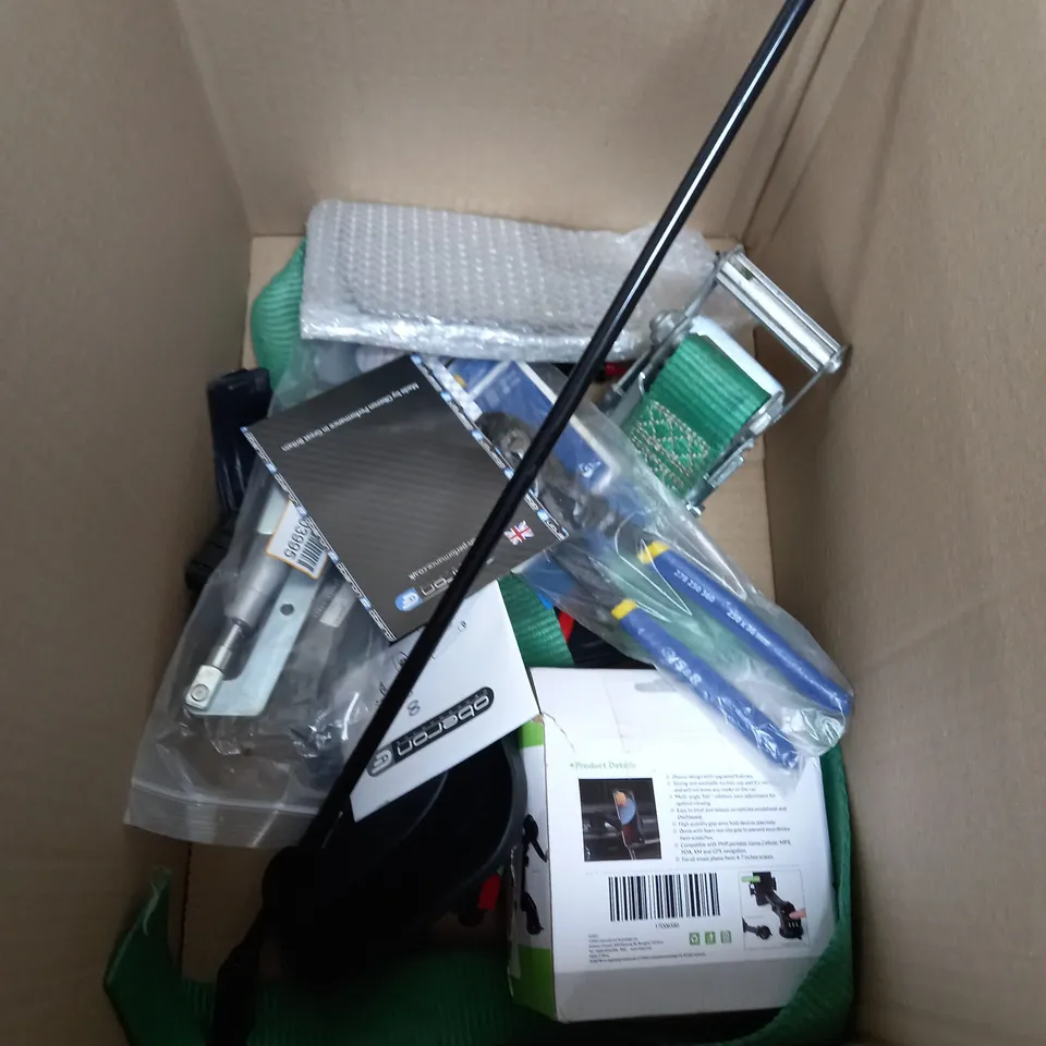 BOX OF ASSORTED ITEMS TO INCLUDE BOOT STRUTS - BOLTS - PLIERS 