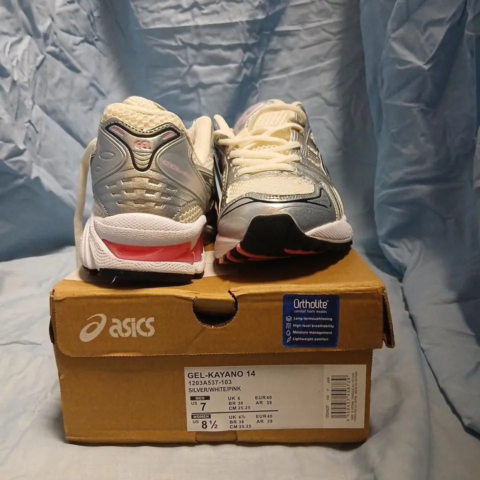 ASICS GEL-KAYANO 14 MENS UK 6 SILVER/WHITE/PINK – BOXED TRAINERS