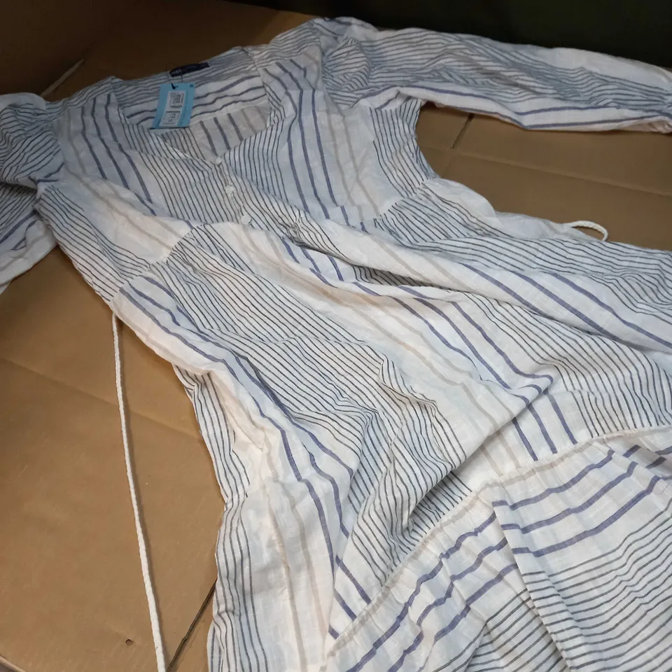 M&S WHITE/GREY BLUE STRIPED FLOWING DRESS - SIZE 16