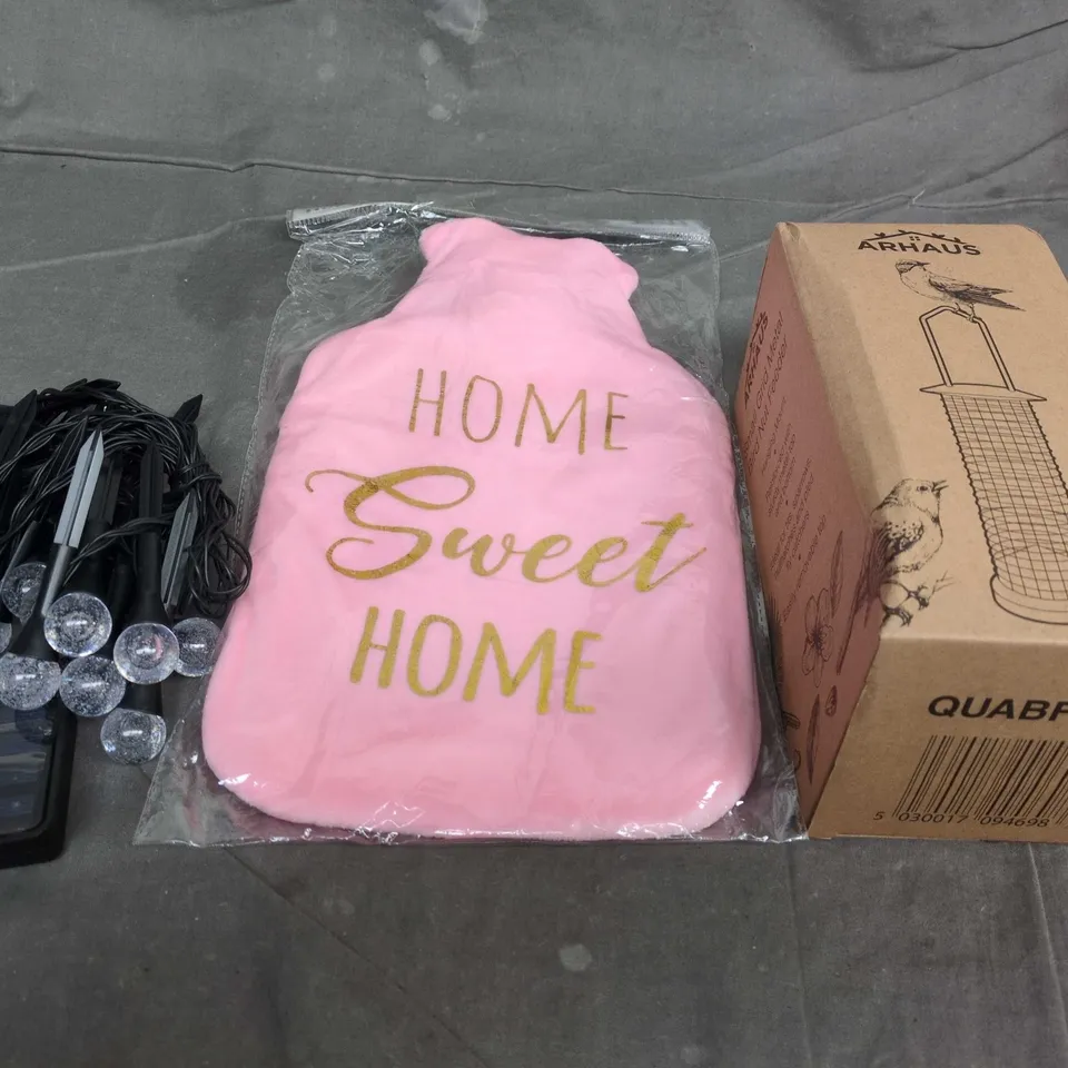 APPROXIMATELY 20 ASSORTED HOUSEHOLD PRODUCTS TO INCLUDE OUTDOOR LIGHTS, BIRD FEEDER AND HOT WATER BOTTLE