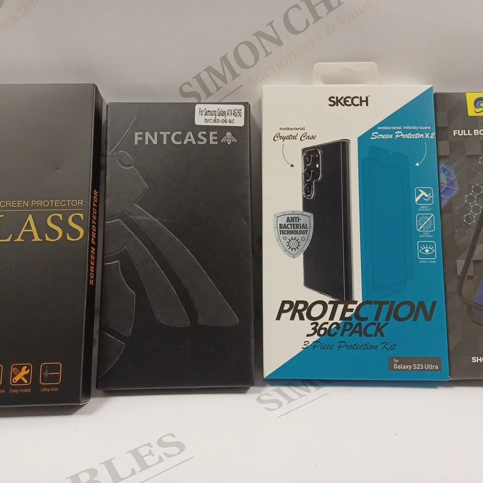 BOX OF ASSORTED MOBILE PHONE ACCESSORIES TO INCLUDE VARIOUS CASES, SCREEN PROTECTORS AND CHARGERS SUCH AS SKECH PROTECTION 360 PACK, FNTCASE FOR SAMSUNG, CENHUFO FULL BODY PROTECTIVE CASE, ETC. 