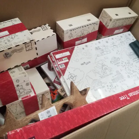 PALLET CONTAINING ASSORTED CHRISTMAS PRODUCTS & DECORATIONS INCLUDING WOODEN CHRISTMAS BOX, COLOUR IN CHRISTMAS MAP, VALLUM PAPER, COLOUR IN CARDBOARD CHRISTMAS TREE & WOODEN ENAMEL 3 STAR TRAY