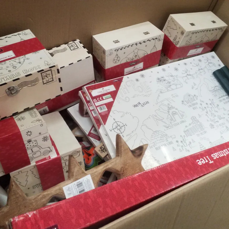 PALLET CONTAINING ASSORTED CHRISTMAS PRODUCTS & DECORATIONS INCLUDING WOODEN CHRISTMAS BOX, COLOUR IN CHRISTMAS MAP, VALLUM PAPER, COLOUR IN CARDBOARD CHRISTMAS TREE & WOODEN ENAMEL 3 STAR TRAY