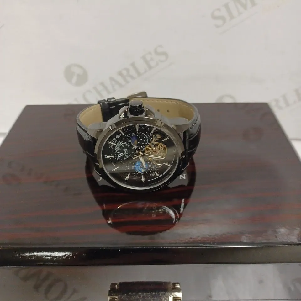 MENS WILLIAM JOURDAIN AUTOMATIC 2580 WATCH – OPEN HEART MOVEMENT WITH SUB DIALS – GLASS EXHIBITION BACK CASE – BLACK GENUINE LEATHER STRAP