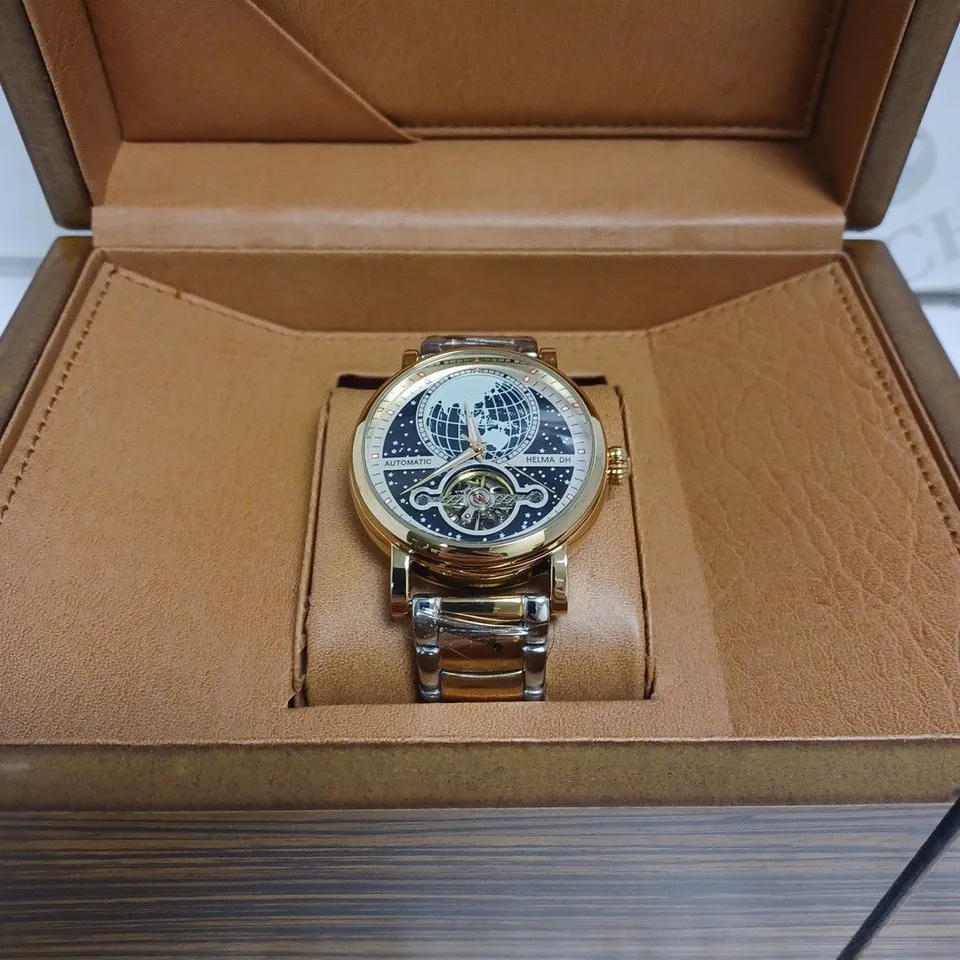 MENS HELMA DH AUTOMATIC WATCH – WORLD VIEW DIAL – OPEN HEART MOVEMENT WITH GLASS EXHIBITION BACK CASE – STAINLESS STEEL STRAP – LUXURY GIFT BOX INCLUDED