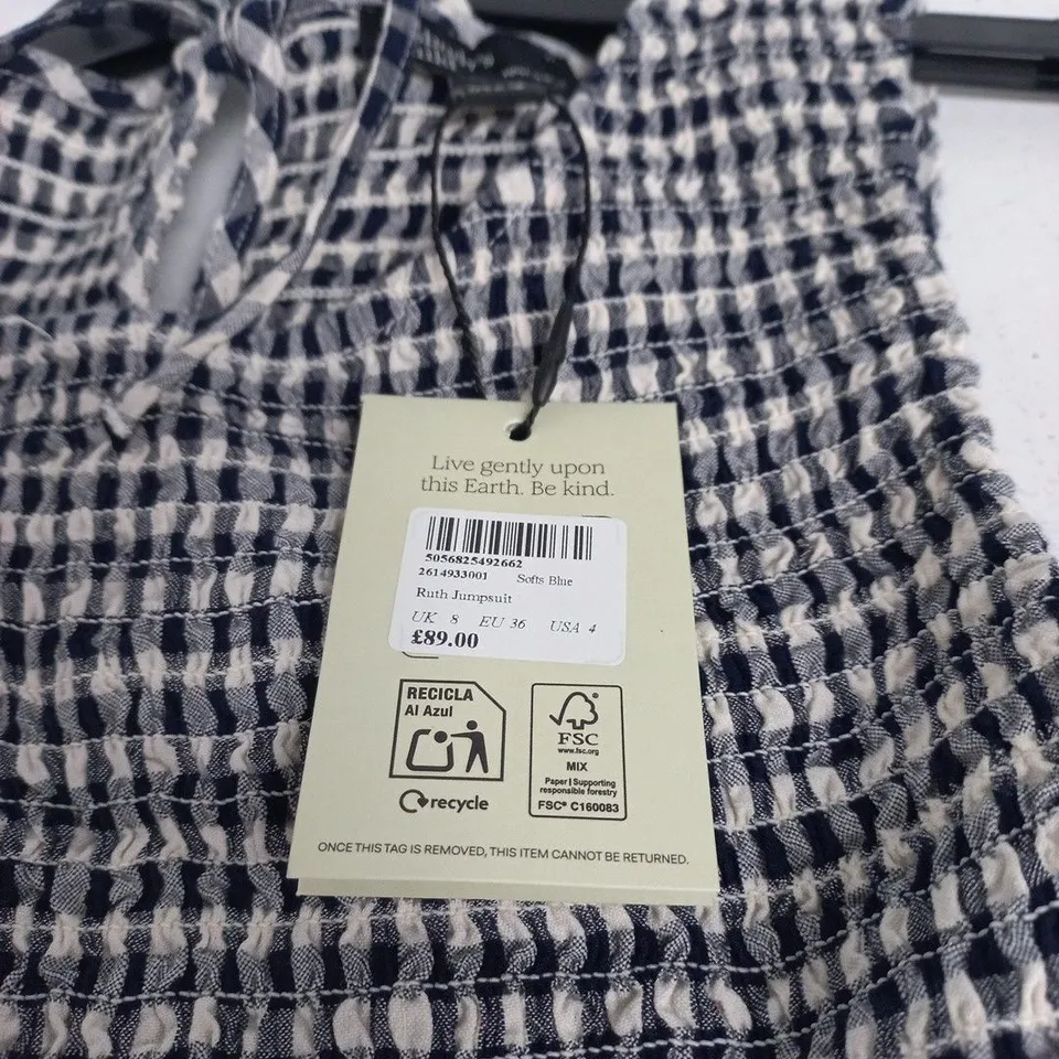 NOBODY'S CHILD RUTH JUMPSUIT – NAVY & WHITE CHECK, UK 8 (EU 36, USA 4)