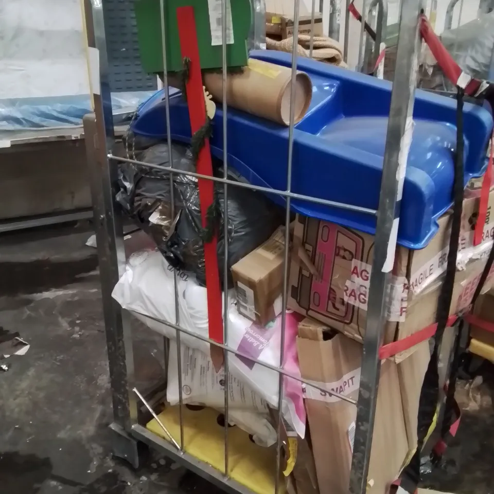 CAGE OF ASSORTED HOUSEHOLD GOODS AND PRODUCTS TO INCLUDE;SLEDGE,DUVET,PILLOWS