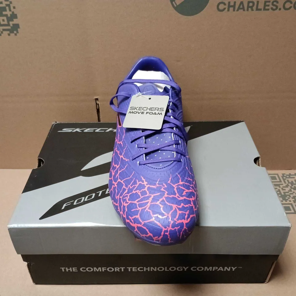 BOXED PAIR OF SKECHERS SKX:FTBL BOOTS IN PURPLE/ORANGE - UK 12