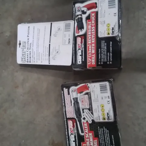 BOX OF ASSORTED ITEMS TO INCLUDE;CLARKE NEEDLE SCALER,CLARKE REVERSIBLE DRILL,CLARKE BRAKE CALIPER PISTON REWIND TOOL