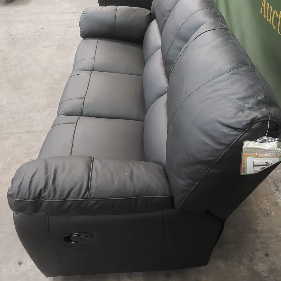 DESIGNER LEIGHTON 3 SEATER MANUAL RECLINER LEATHER UPHOLSTERED SOFA - BLACK