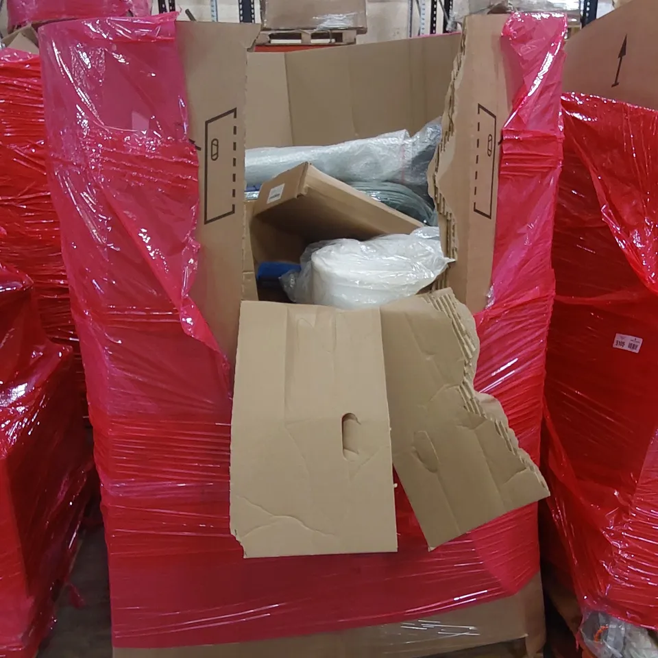 PALLET OF ASSORTED HOUSEHOLD ITEMS AND CONSUMER PRODUCTS TO INCLUDE; STROLLER, CLOTHES DRYING RACK AND AIRER, KIDS BOOSTER SEAT ETC