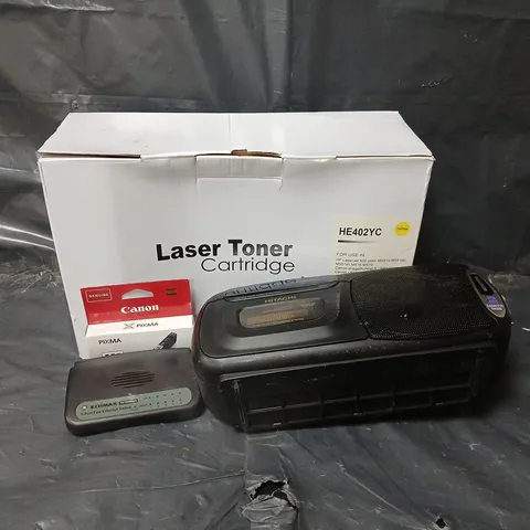 APPROXIMATELY 10 ASSORTED ITEMS TO INCLUDE LASER TONER CARTRIDGE, EDIMAX ETHERNET SWITCH, HITACHI CASSETTE RECORDER, ETC