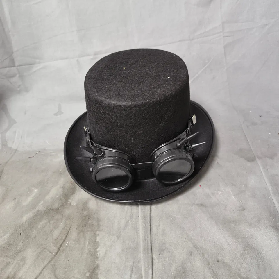 BLACK STEAMPUNK HAT WITH SPIKED GOGGLES ATTACHED