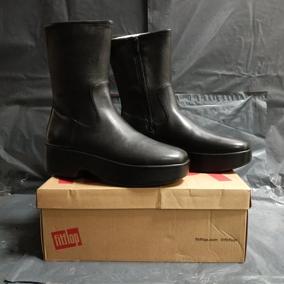 BOXED PAIR OF FITFLOP F-LUMA STRETCH LEATHER DEMI-WEDGE MID-CALF BOOTS IN BLACK SIZE UK 7