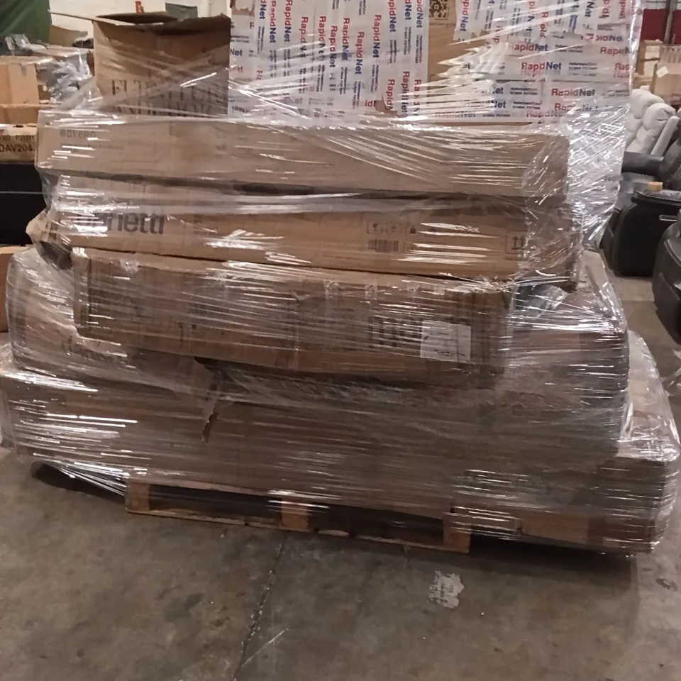 PALLET OF ASSORTED INCOMPLETE DESIGNER FURNITURE PARTS - PAOLO DOUBLE SIZE BED, DARLA KING OTTOMAN BED, OPA SINGLE SEAT
