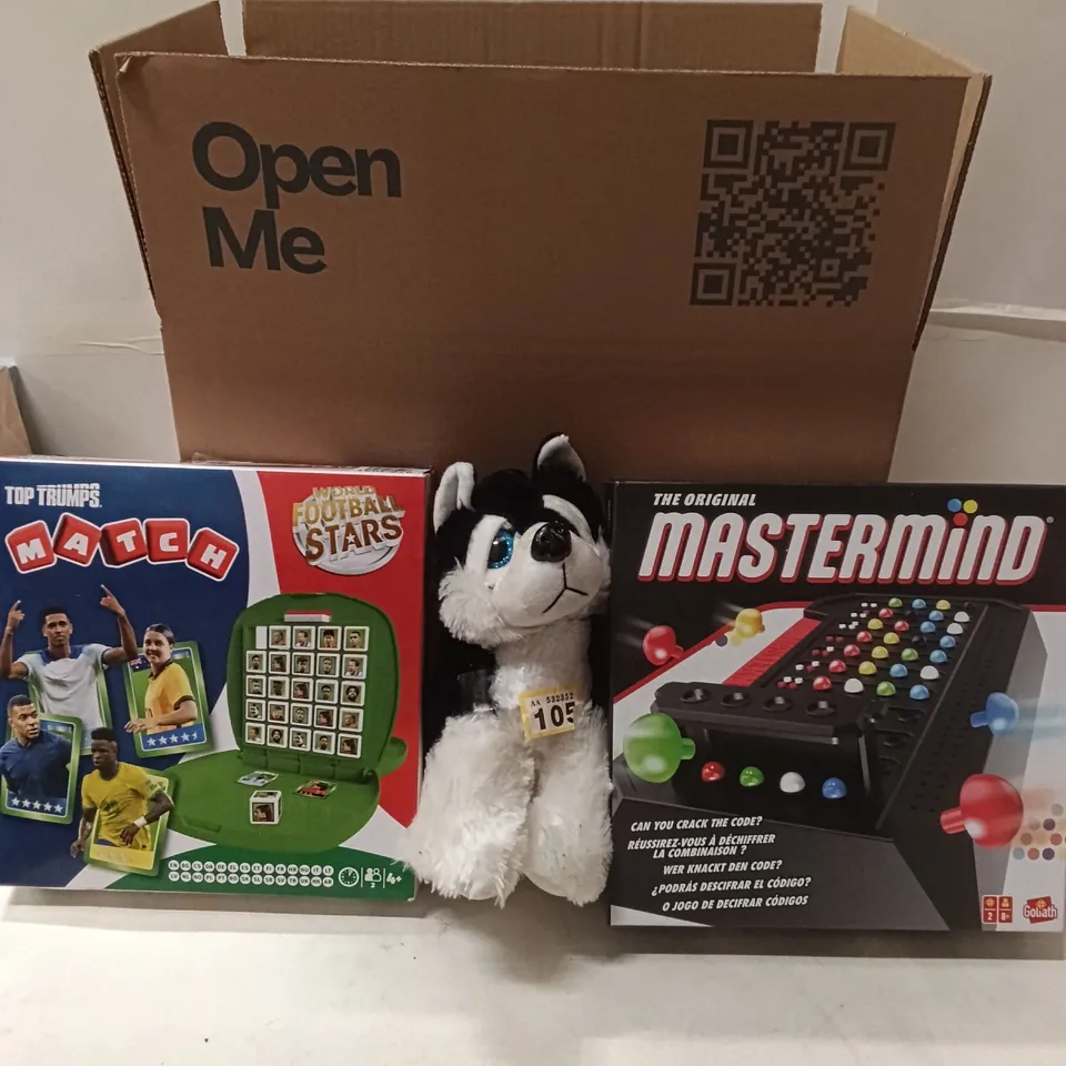 BOX OF ASSORTED GAMES, TOYS, PLUSHIES
