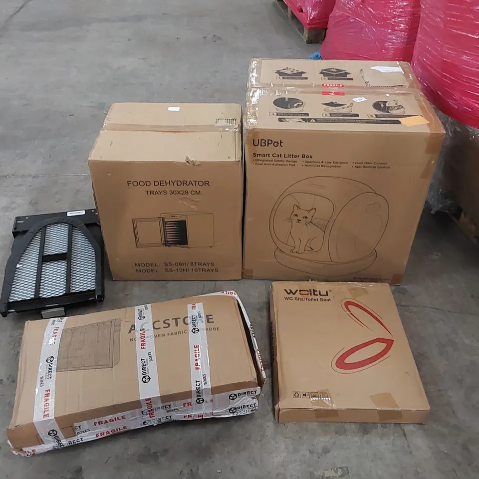 PALLET OF ASSORTED CONSUMER PRODUCTS TO INCLUDE: FOOD DEHYDRATOR, SMART CAT LITTER BOX, FABRIC WARDROBE, FOLDING IRONING BOARD, TOILET SEAT ECT