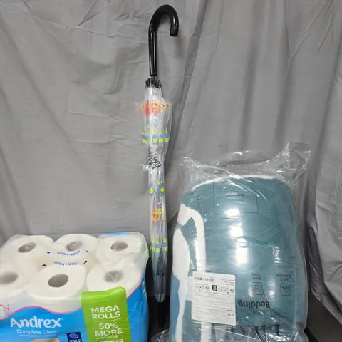 CAGE OF APPROXIMATELY 10 ASSORTED HOUSEHOLD ITEMS TO INCLUDE - ANDREX TOILET ROLL - UMBRELLA - BEDDING - COLLECTION ONLY