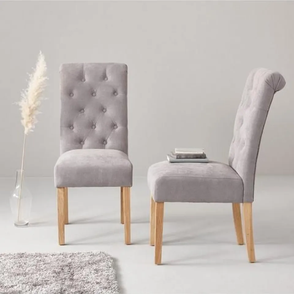 BOXED FABRIC SCROLL BACK DINING CHAIRS - GREY/OAK EFFECT [COLLECTION ONLY] RRP £259