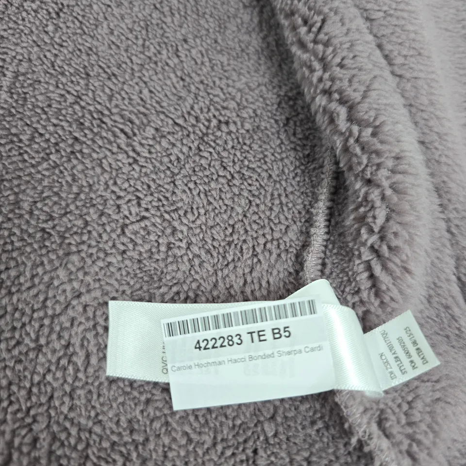 CAROLE HOCHMAN HACCI BONDED SHERPA CARDIGAN – FLORAL GREY, SIZE M 