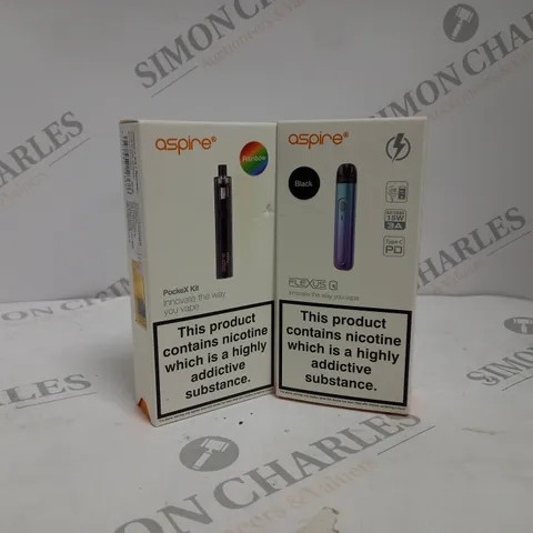 APPROXIMATELY 20 ASSORTED BOXED ASPIRE VAPING PRODUCTS TO INCLUDE FLEXUS Q KIT, POCKEX KIT ETC.