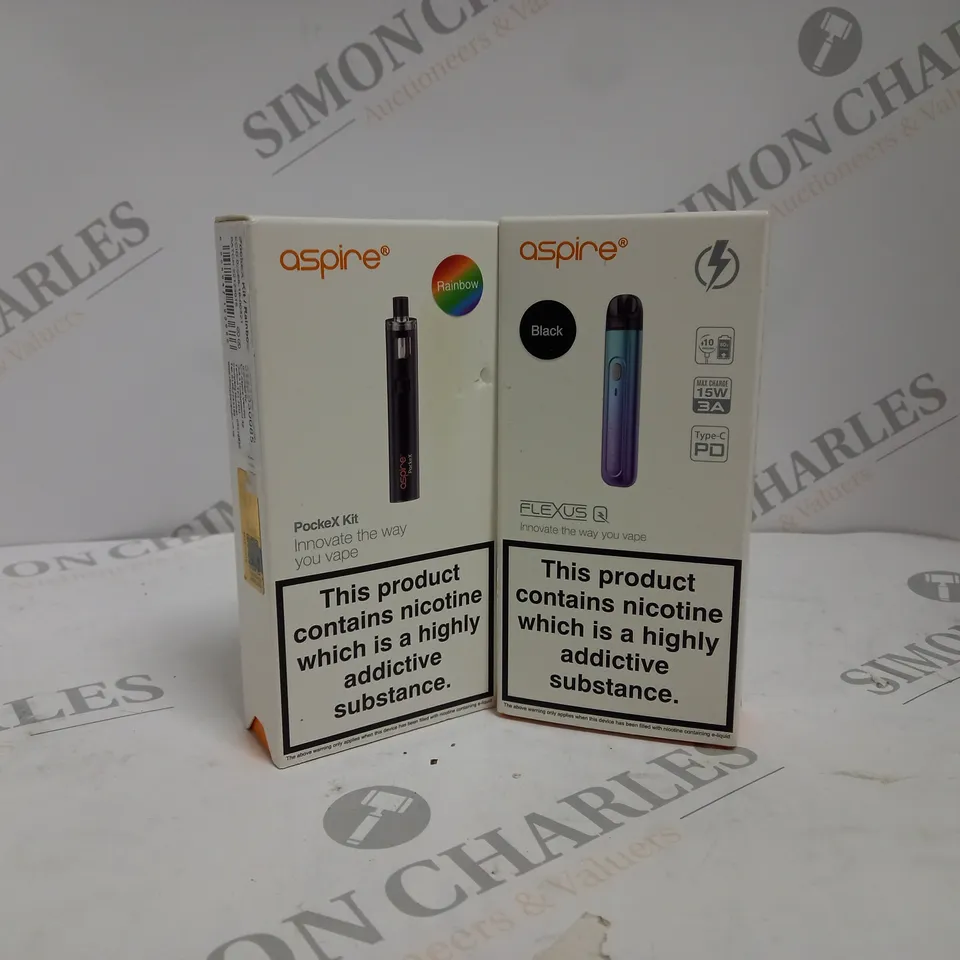 APPROXIMATELY 20 ASSORTED BOXED ASPIRE VAPING PRODUCTS TO INCLUDE FLEXUS Q KIT, POCKEX KIT ETC.