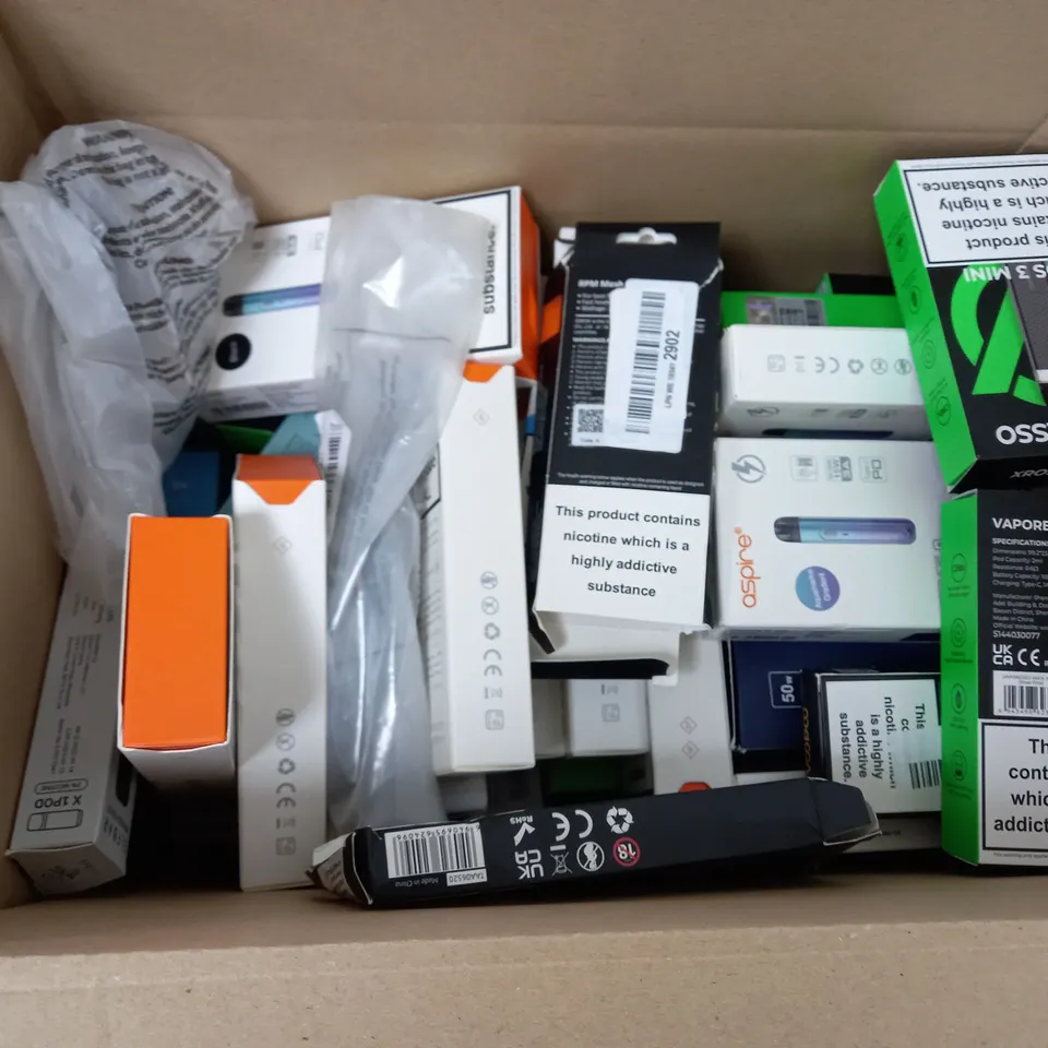 BOX OF 30 ASSORTED E-CIGARATTES TO INCLUDE VAPEROSSO , ASPIRE, AND VAPOO MINI'S ETC.