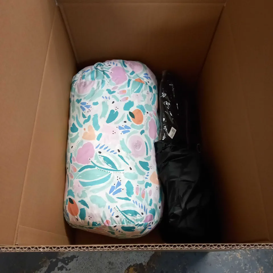 LARGE BOX OF APPROXIMATELY 20 ASSORTED HOUSEHOLD ITEMS TO INCLUDE: WOOL, KNITTED CUSHION COVERS/CUSHION, SHERPA BLANKET